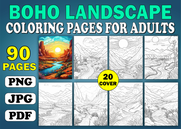 90 Boho Landscapes Coloring Pages Book